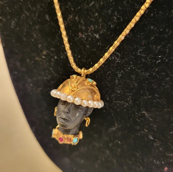 18k gold Multi gemstones blackamoor charm pendant necklace